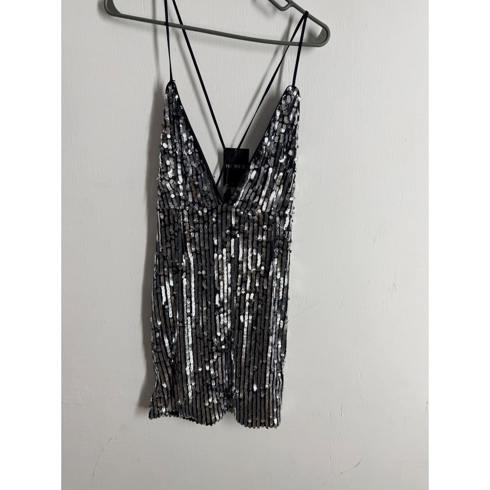Forever 21 Silver Sequin Mini Dress Black Striped V-Neck Backless Party Club S